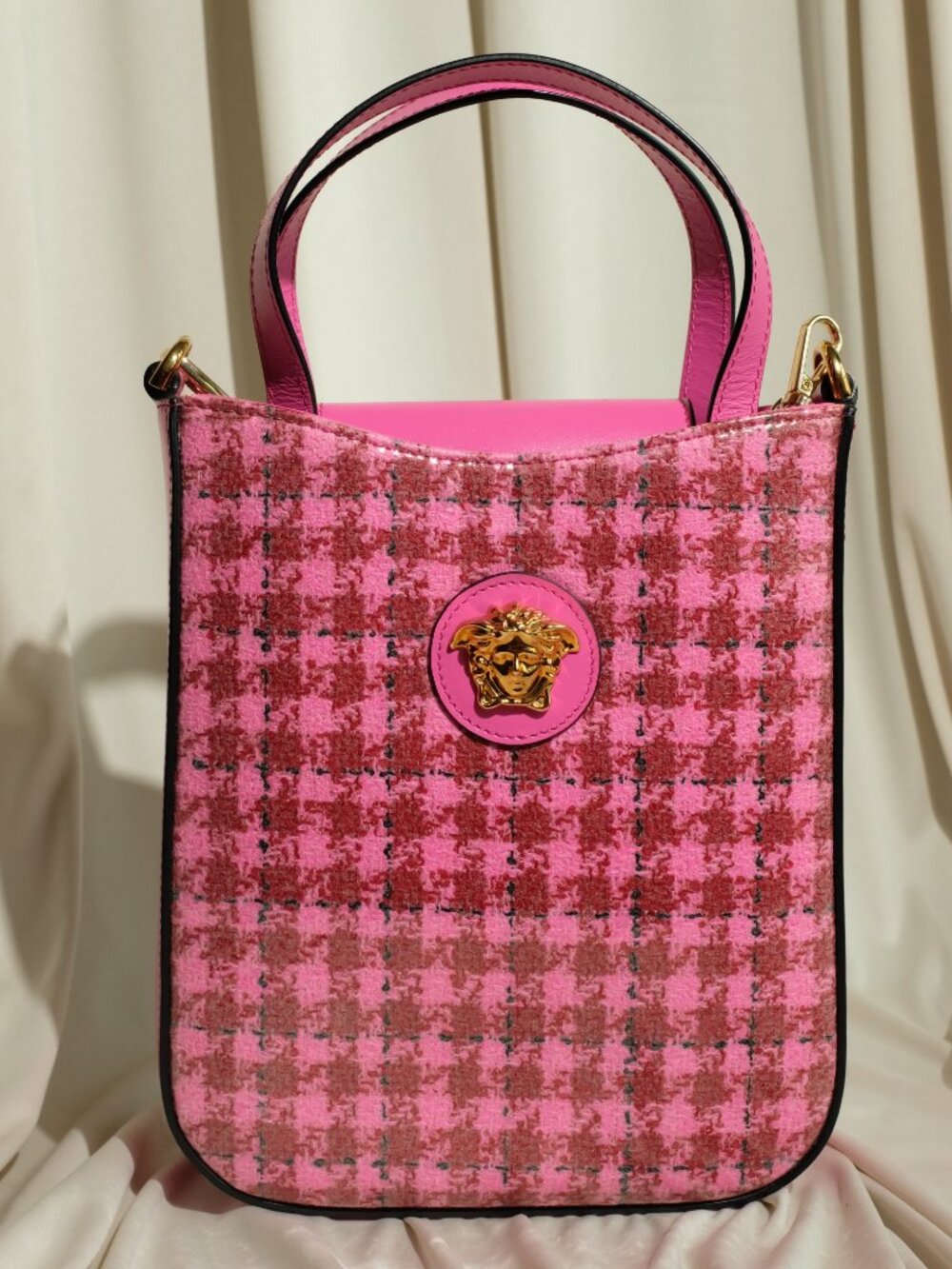 Versace La Medusa Calfskin Vinyl Mini Houndstooth Tote Bag Pink Multicolor Bag